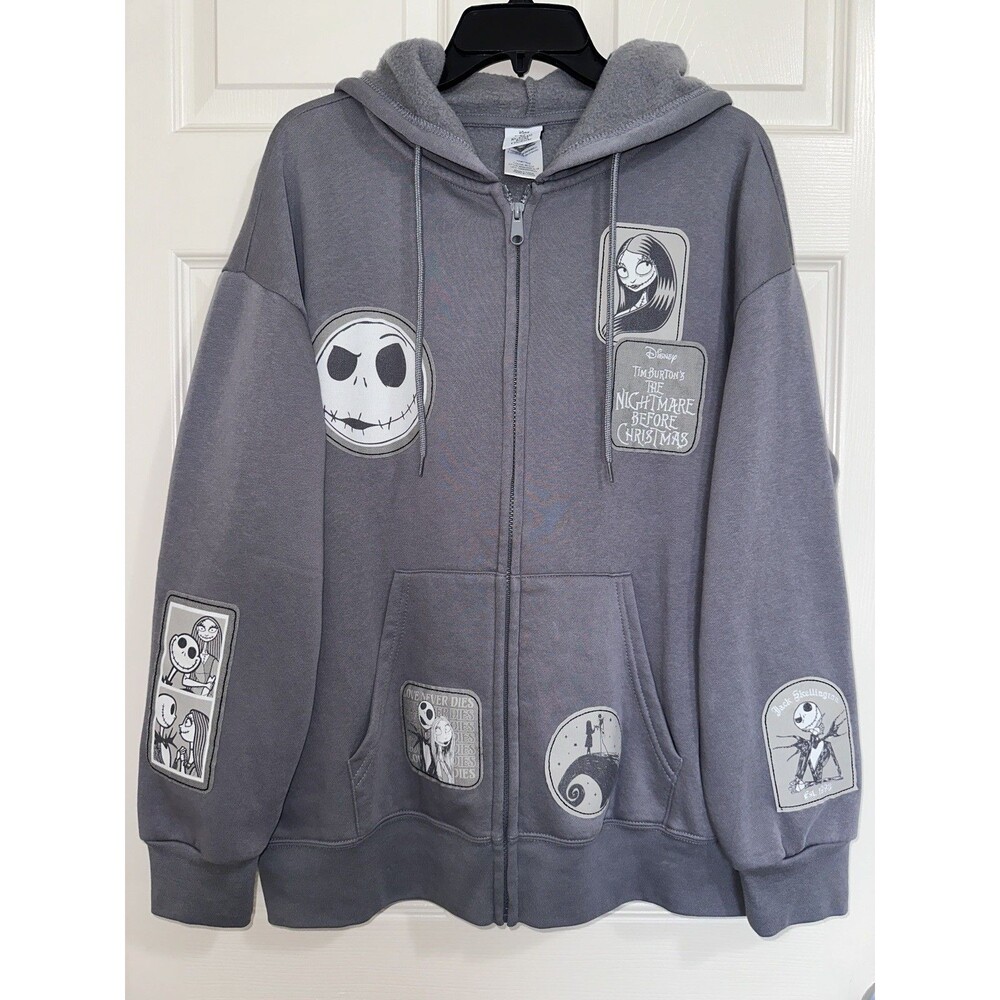Women's XL Full-Zip Hoodie Nightmare Before Christmas Gray Patches Embroidered